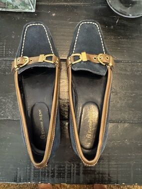Etienne Aigner Navy Suede and Bronze Leather Loafers with Gold Hardware